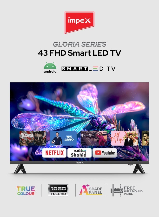 Impex 43-Inch Full HD Smart LED TV - Android, Quad Core, Frameless, A+ Panel, Wi-Fi, 2 HDMI, 2 USB, RJ45, 1920x1080 Resolution, 178° View, Slim Design, 2 Year Warranty - Gloria 43 Smart Black & Bluetooth Speaker with 1600W PMPO, 2000mAh Battery, Bluetooth 5.3, RGB Lights, Dual Passive Radiators, USB/TF/AUX/FM/TWS/Hand-Free, Type C Charging, ABS Metal Body - BTS 2012 Black Bundle - Image 2
